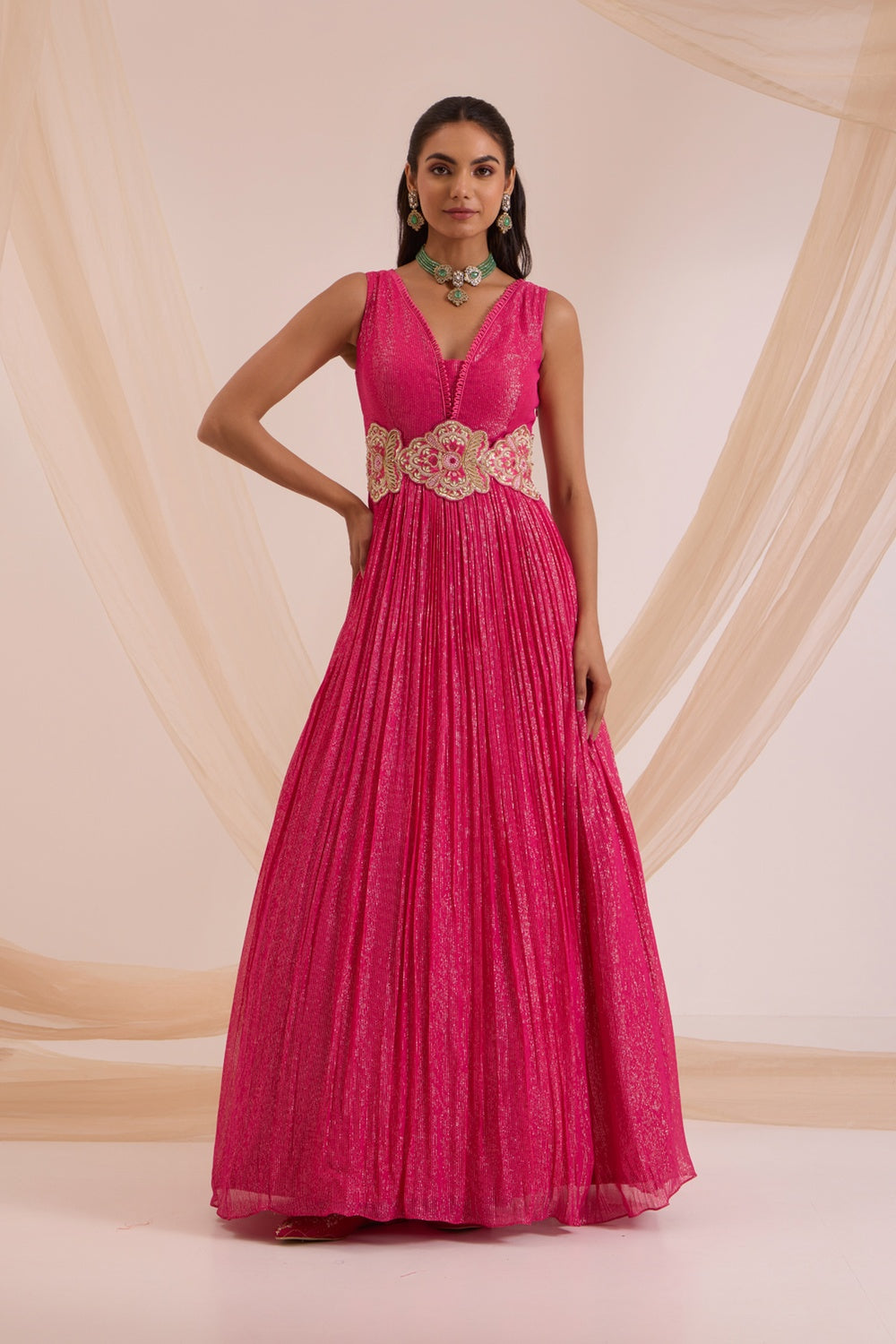 Fuscia Pink Anrkali With Detachable Belt & Dupatta