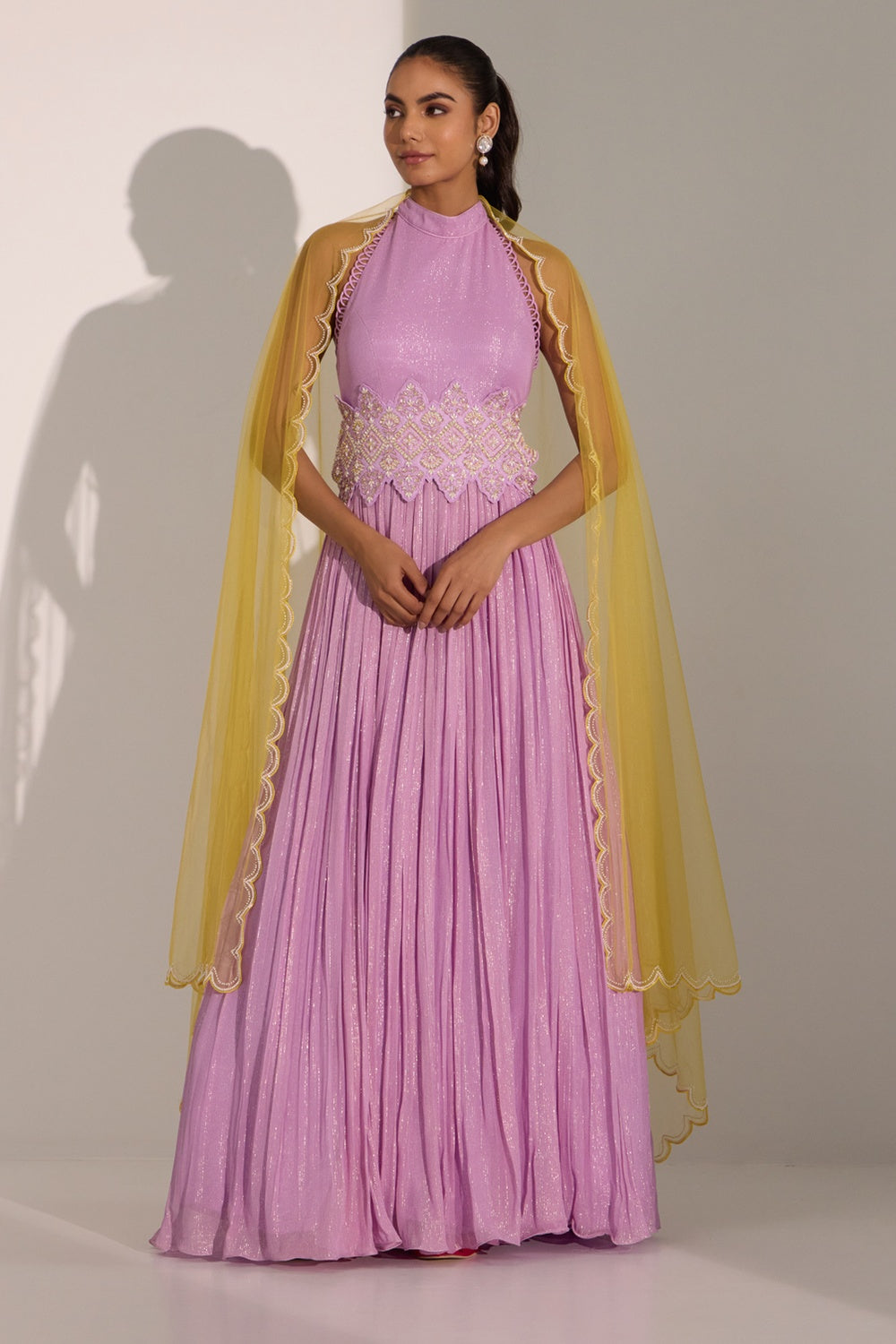 Lilac Halter Anarkali With Dupatta Set.