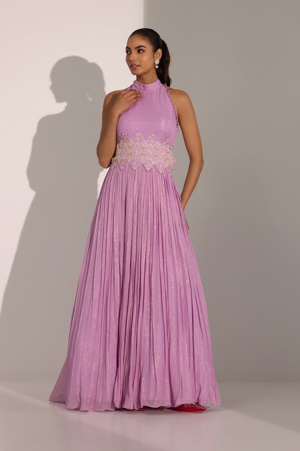 Lilac Halter Anarkali With Dupatta Set.