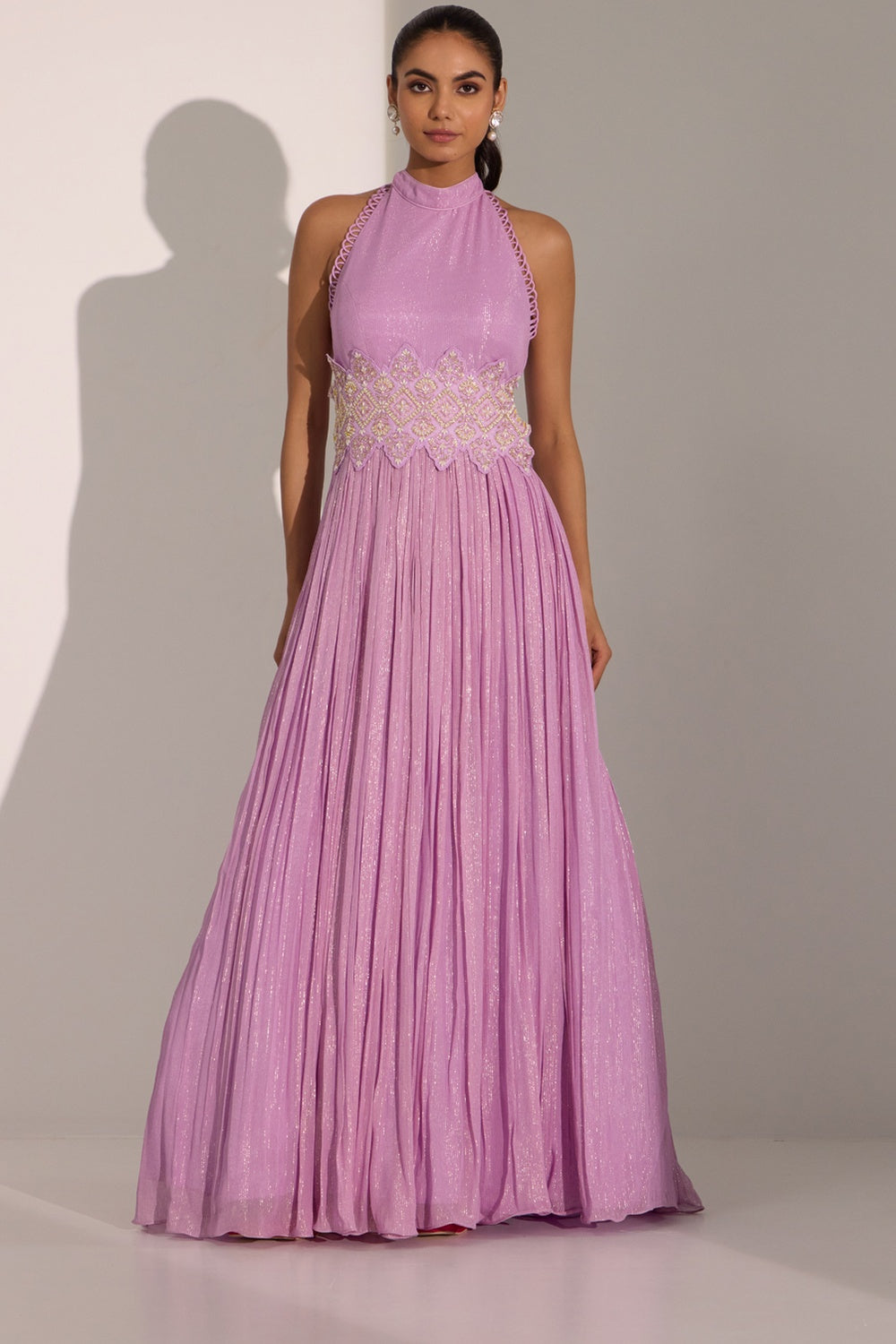 Lilac Halter Anarkali With Dupatta Set.