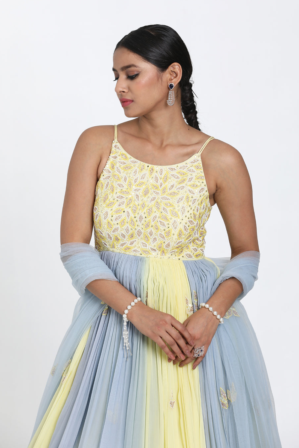 Lemon Yellow & Blue Ombre Anarkali Set.