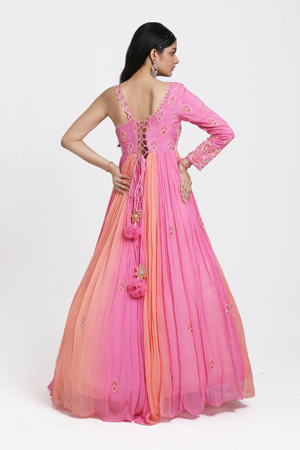 Pink & Peach Ombre Geather Anarkali Set.
