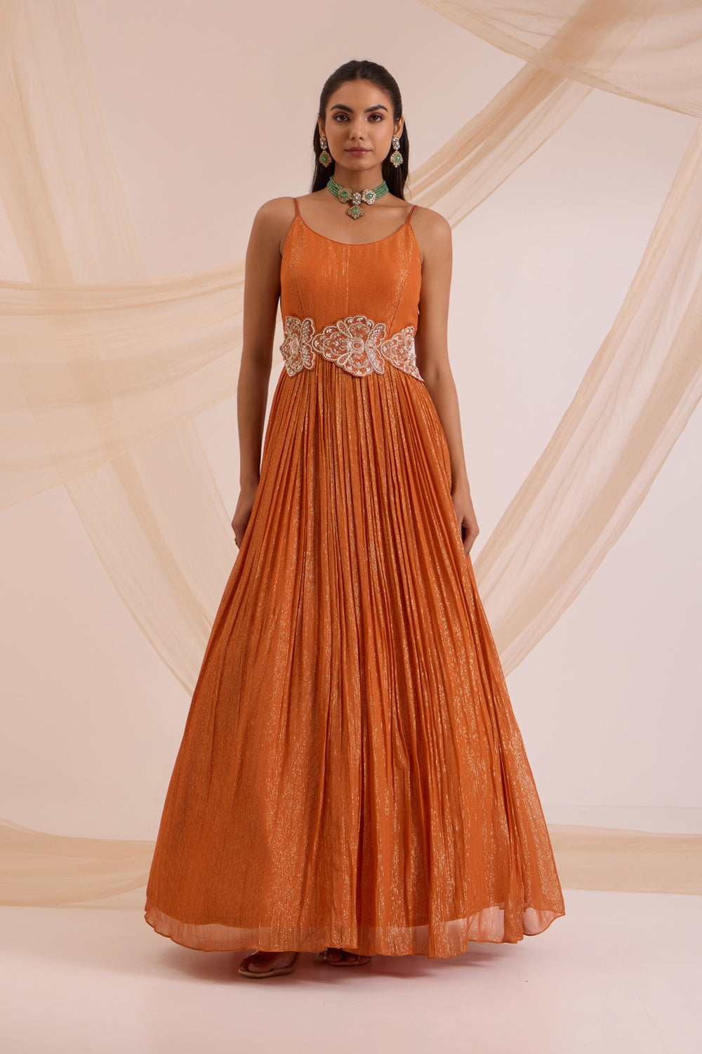 Rust Anarkali With Dupatta & Detachable Belt.