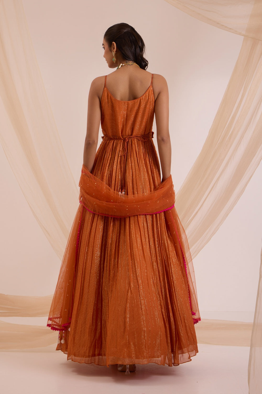 Rust Anarkali With Dupatta & Detachable Belt.