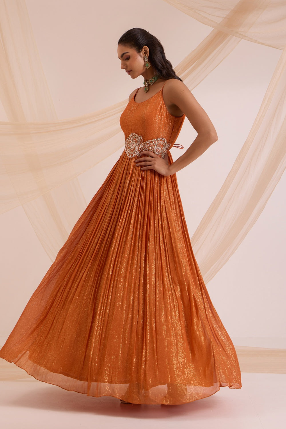 Rust Anarkali With Dupatta & Detachable Belt.