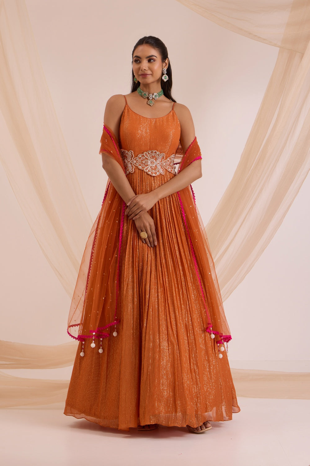 Rust Anarkali With Dupatta & Detachable Belt.