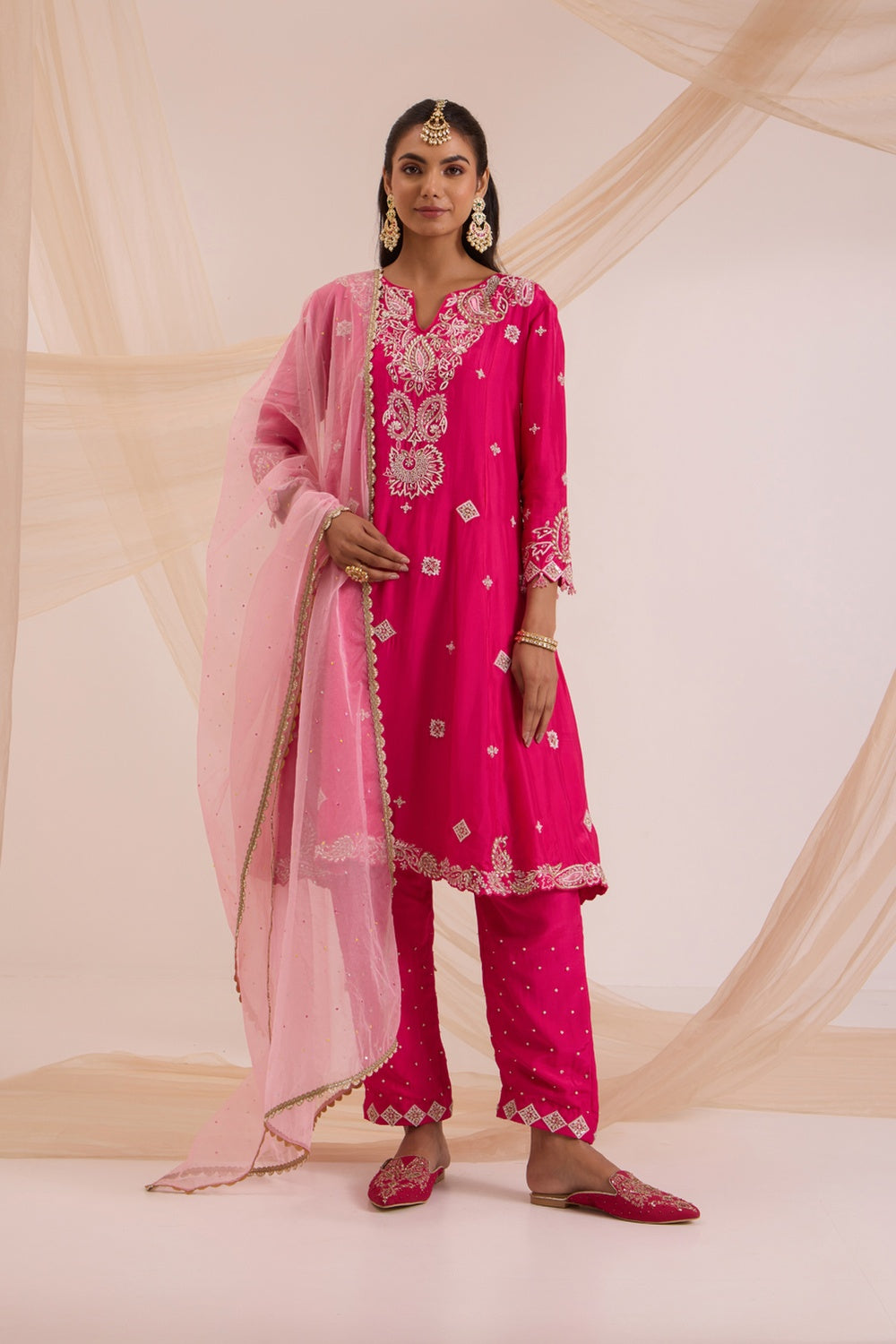 Fuscia Pink A-Line Suit With Pant & Dupatta Set.