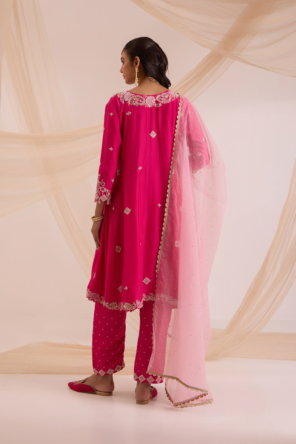 Fuscia Pink A-Line Suit With Pant & Dupatta Set.