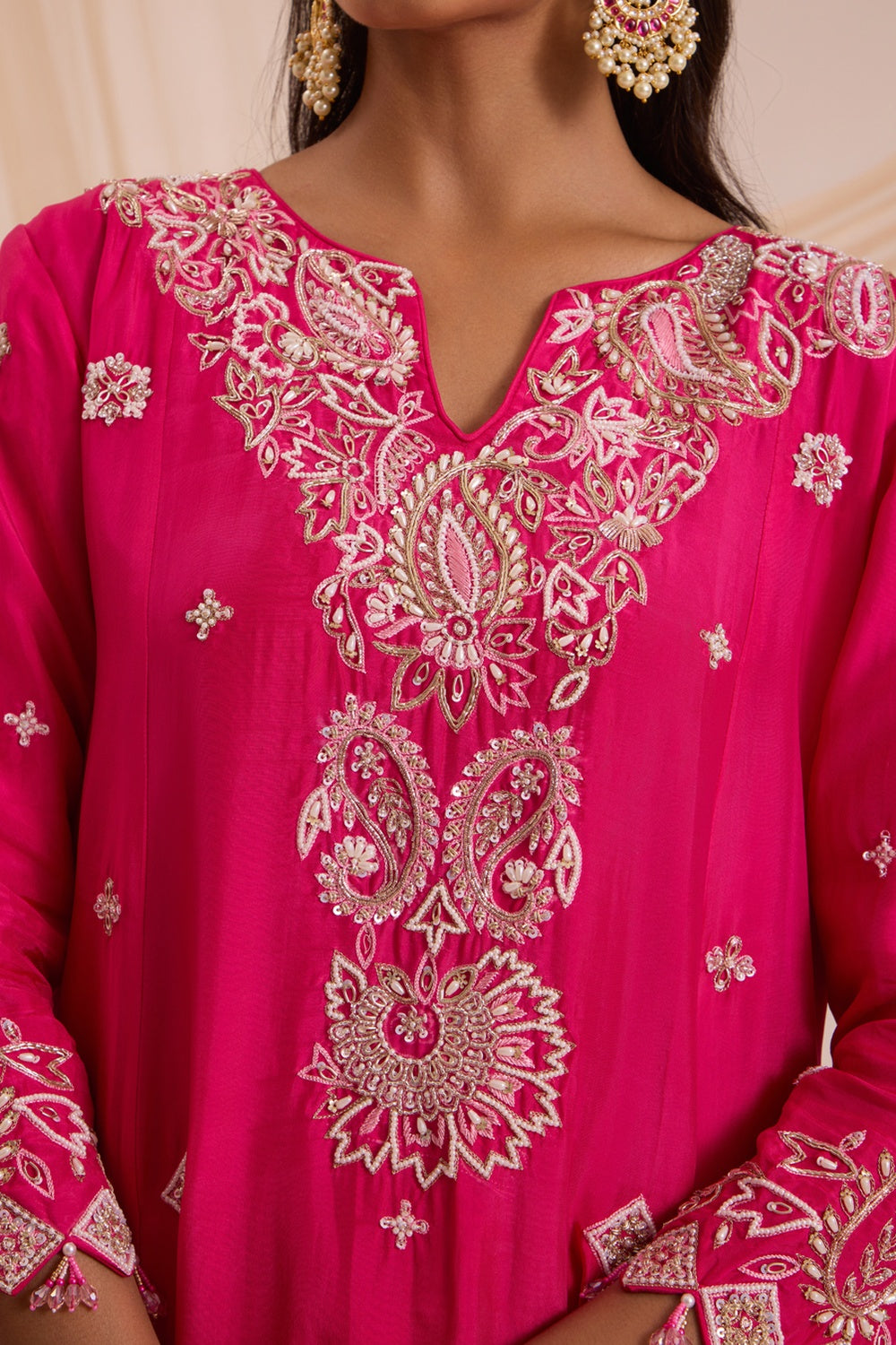 Fuscia Pink A-Line Suit With Pant & Dupatta Set.