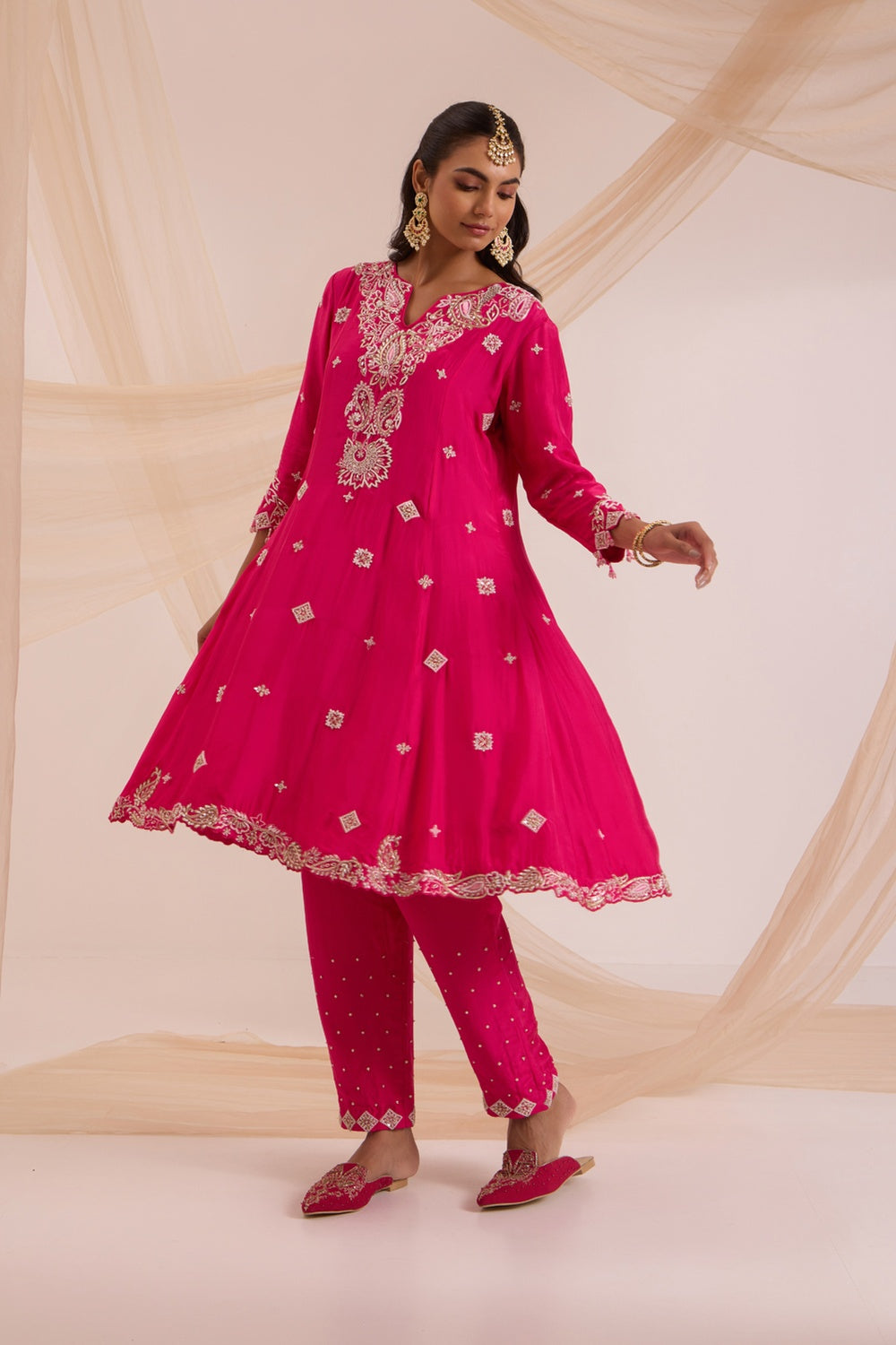 Fuscia Pink A-Line Suit With Pant & Dupatta Set.