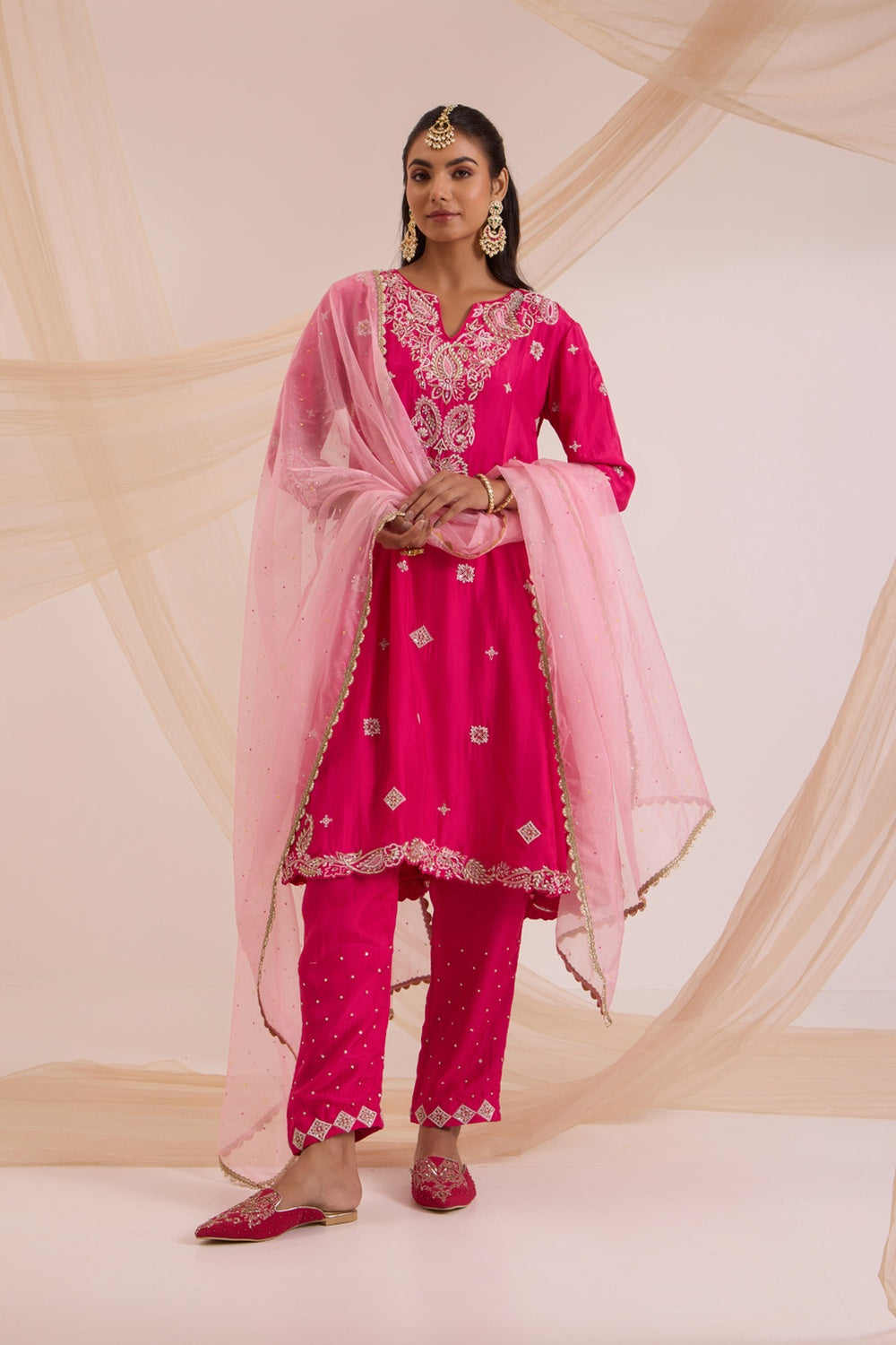 Fuscia Pink A-Line Suit With Pant & Dupatta Set.
