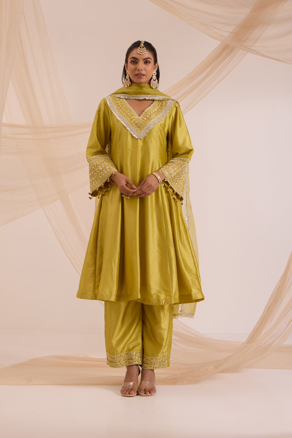 Lime Green A-Line Suit With Pant & Dupatta Set.