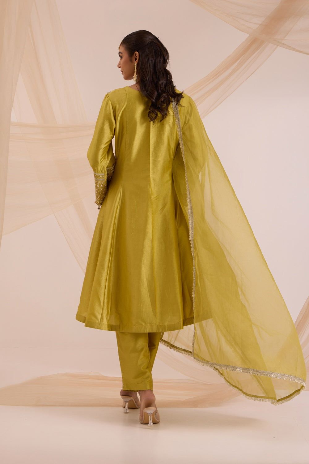 Lime Green A-Line Suit With Pant & Dupatta Set.