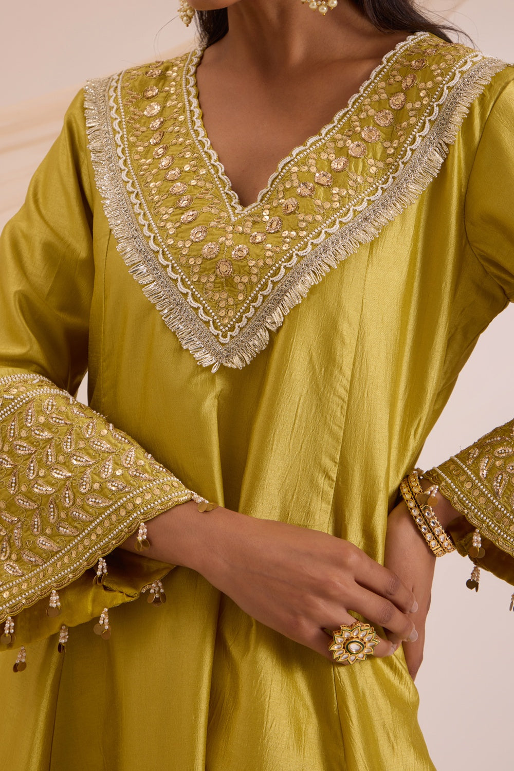 Lime Green A-Line Suit With Pant & Dupatta Set.
