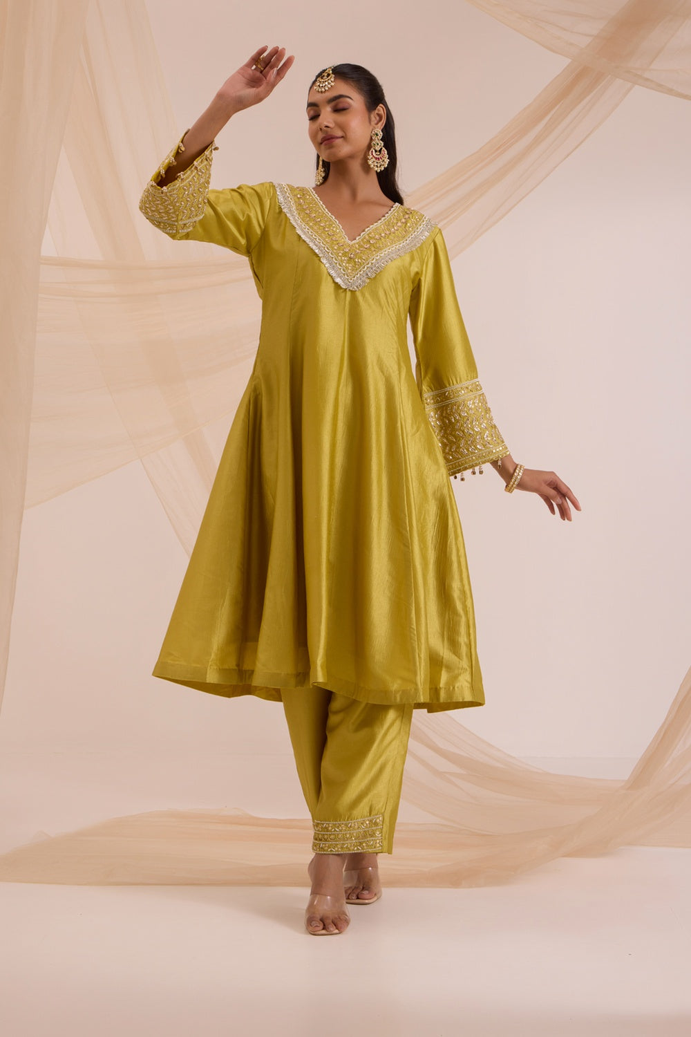 Lime Green A-Line Suit With Pant & Dupatta Set.