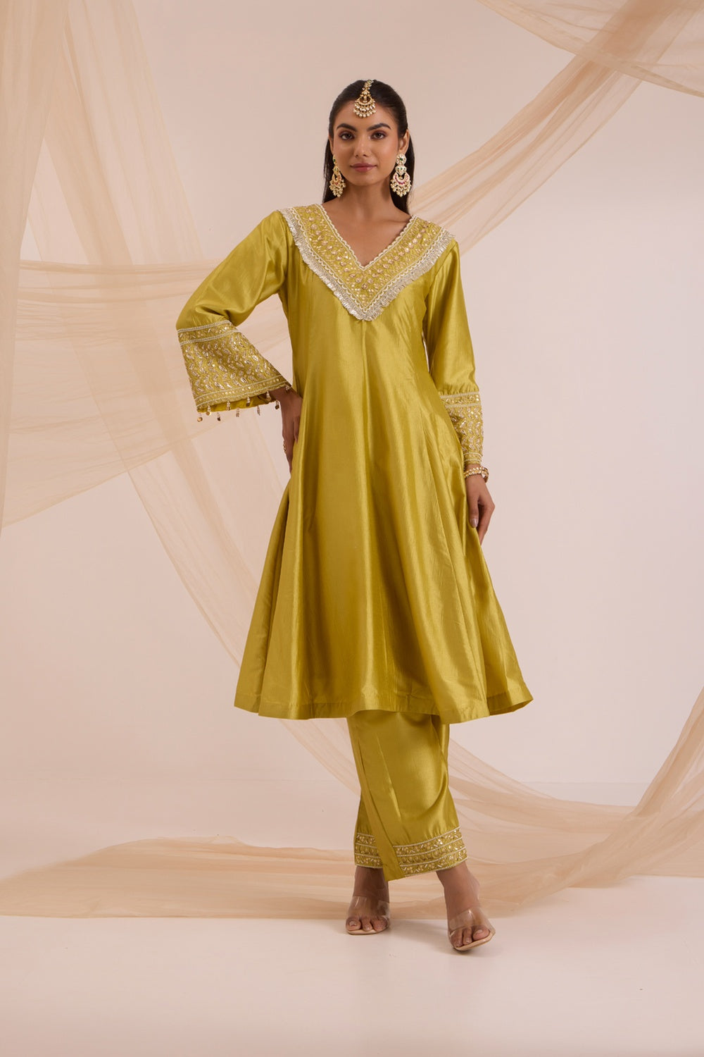 Lime Green A-Line Suit With Pant & Dupatta Set.