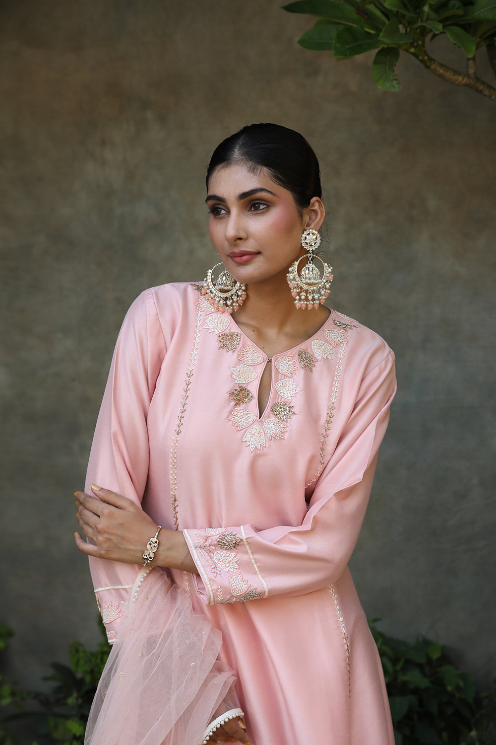 Light Peach Silk A-Line Floral Embroidered Suit With Pant And Dupatta Set.