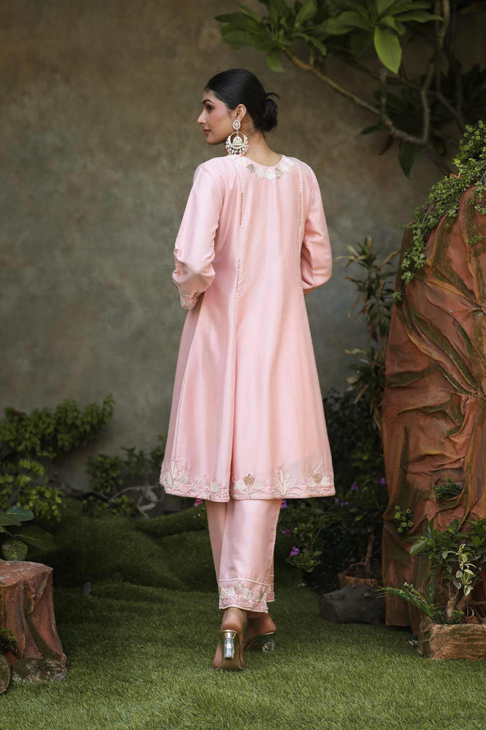 Light Peach Silk A-Line Floral Embroidered Suit With Pant And Dupatta Set.