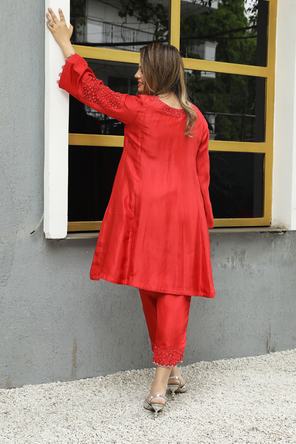 Red Silk Geometric Embroidered Straight Suit With Pant And Organza Dupatta Set.