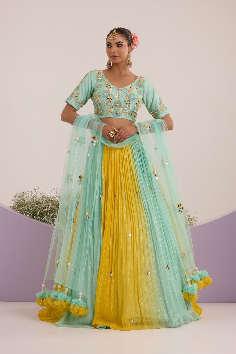 Aqua Blue & Yellow Pop-Up Lehanga With Blouse & Dupatta Set.
