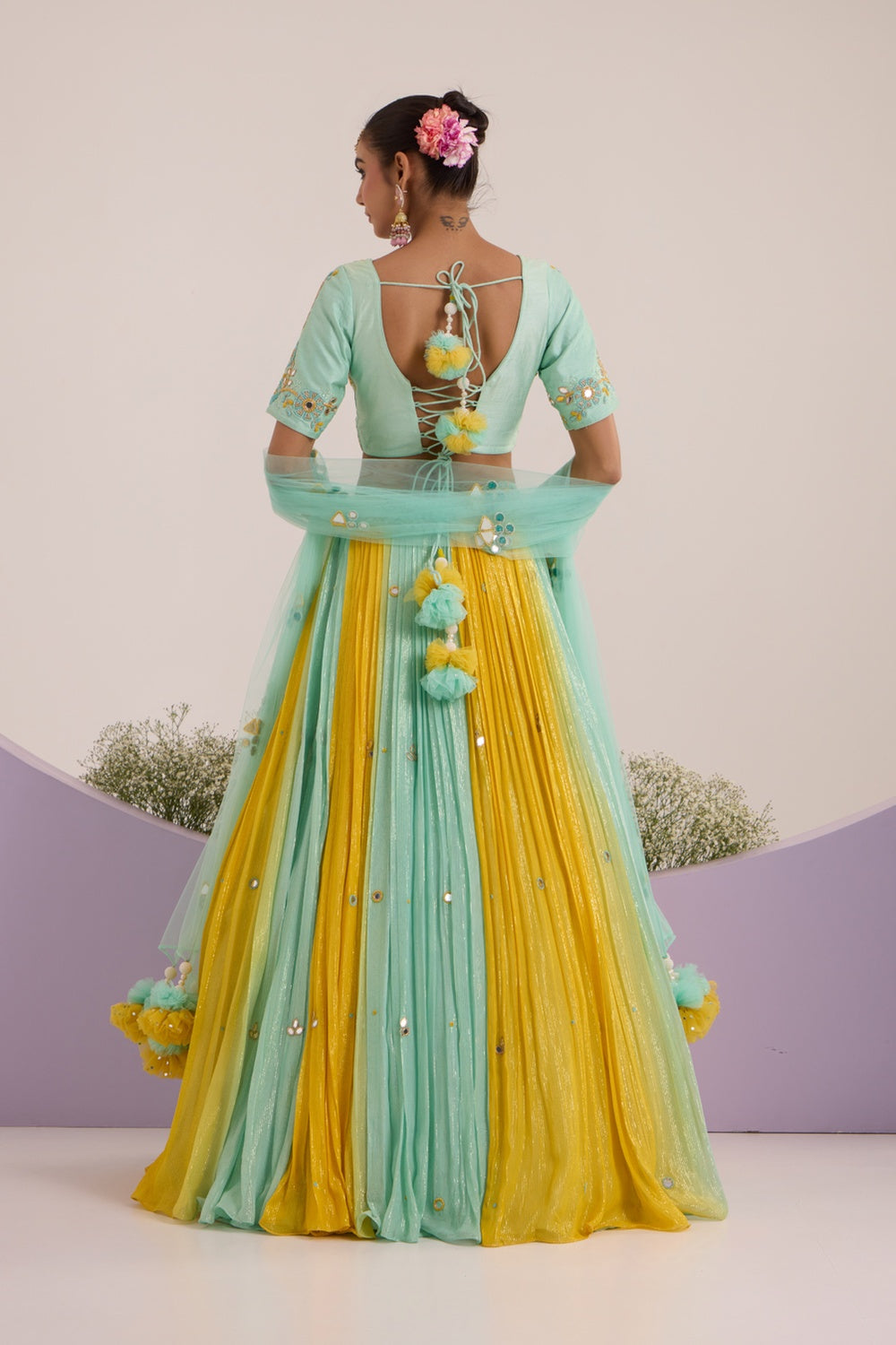 Aqua Blue & Yellow Pop-Up Lehanga With Blouse & Dupatta Set.
