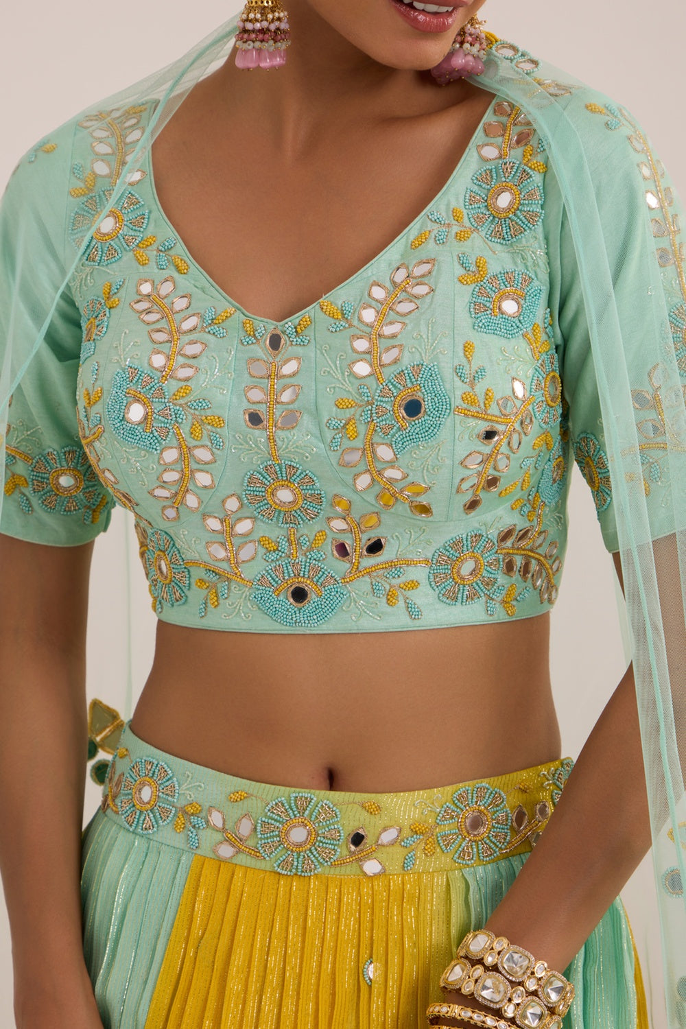 Aqua Blue & Yellow Pop-Up Lehanga With Blouse & Dupatta Set.