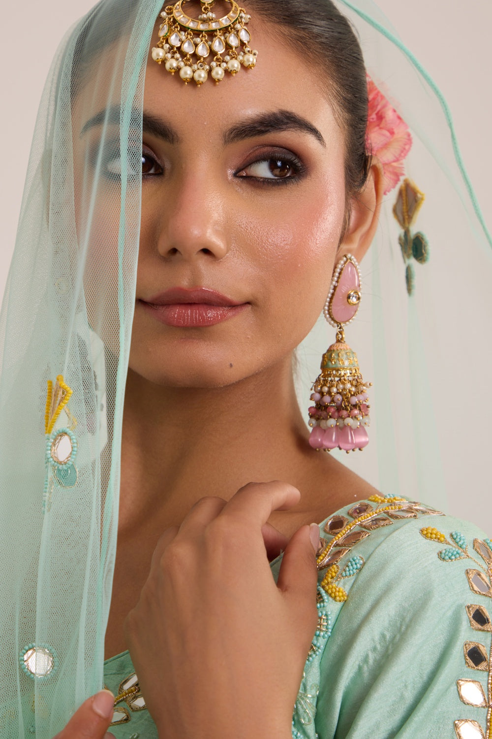 Aqua Blue & Yellow Pop-Up Lehanga With Blouse & Dupatta Set.
