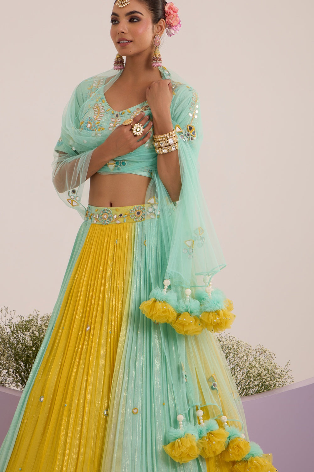 Aqua Blue & Yellow Pop-Up Lehanga With Blouse & Dupatta Set.