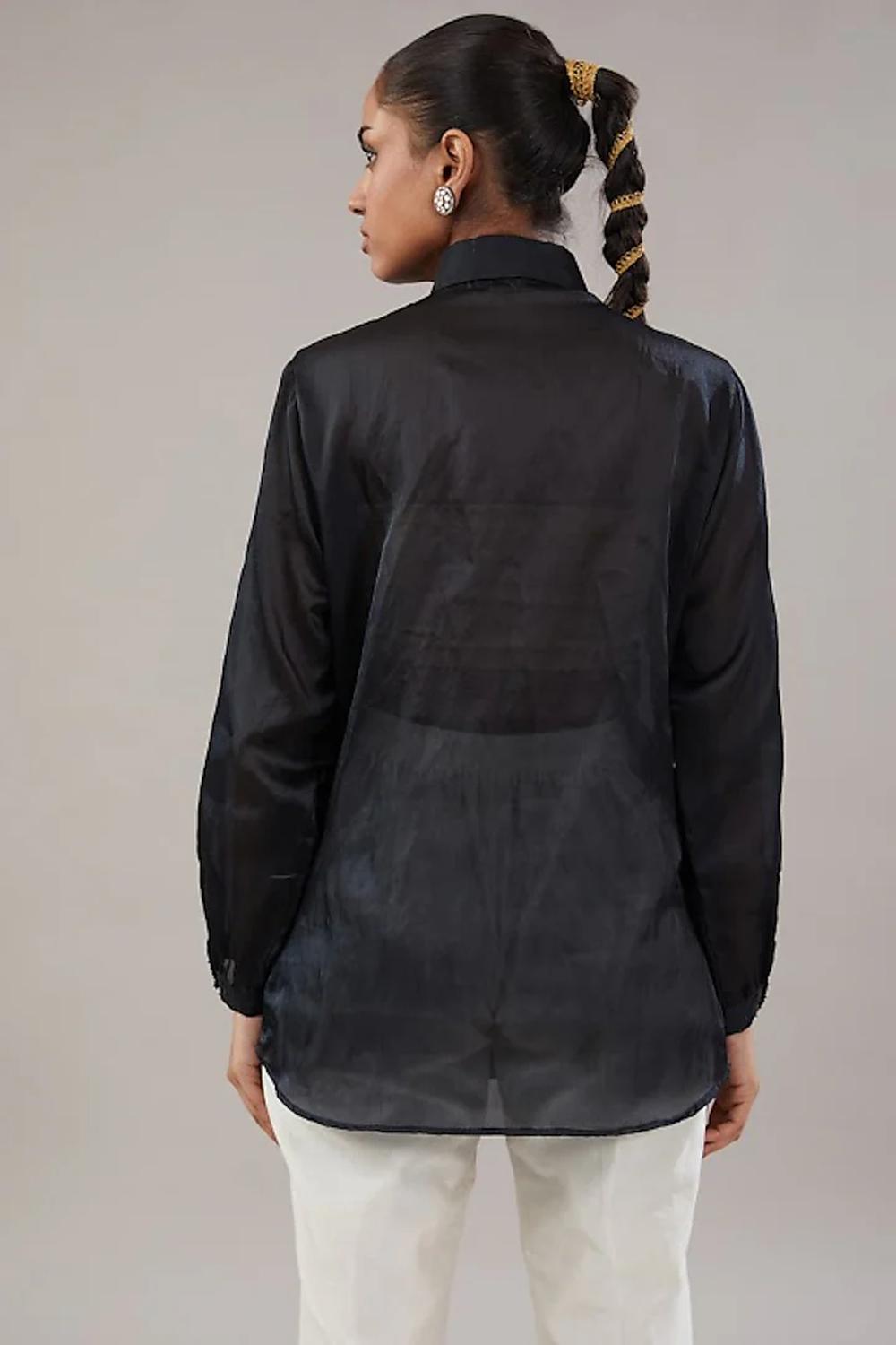 Black Organza Sequence Embroidered Shirt.