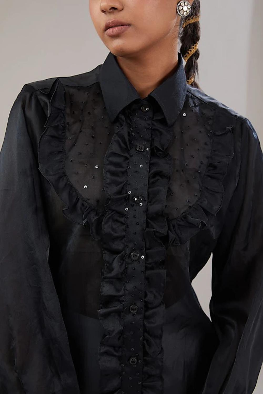 Black Organza Sequence Embroidered Shirt.