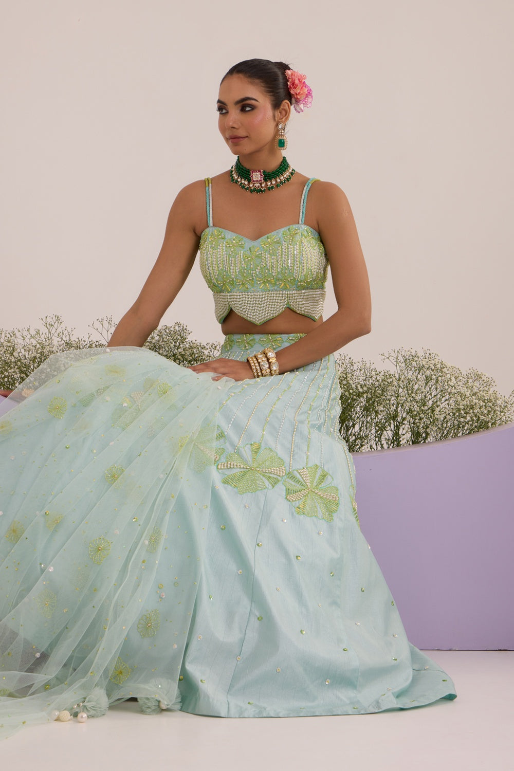 Aqua Blue Lehanga With Blouse & Dupatta Set.