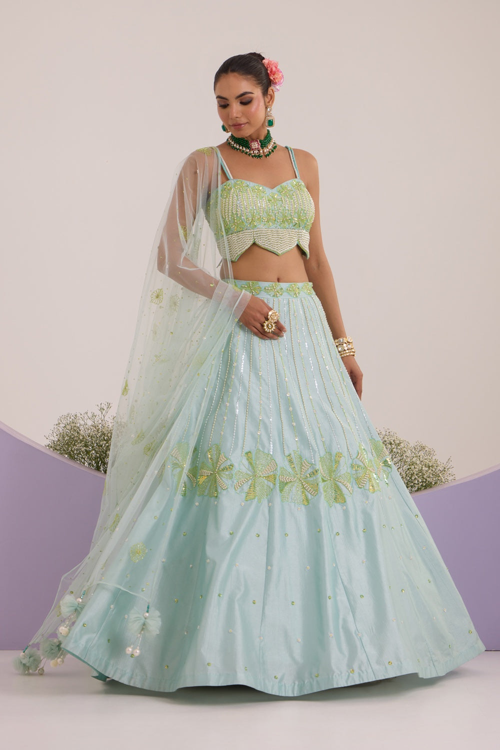Aqua Blue Lehanga With Blouse & Dupatta Set.