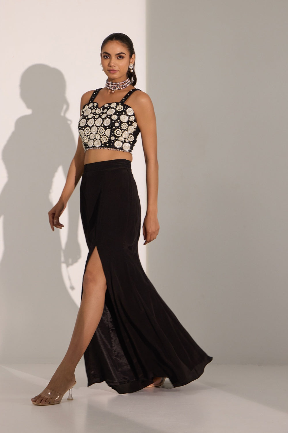 Black Bustier With Side Slit Skirt & Cape Set.