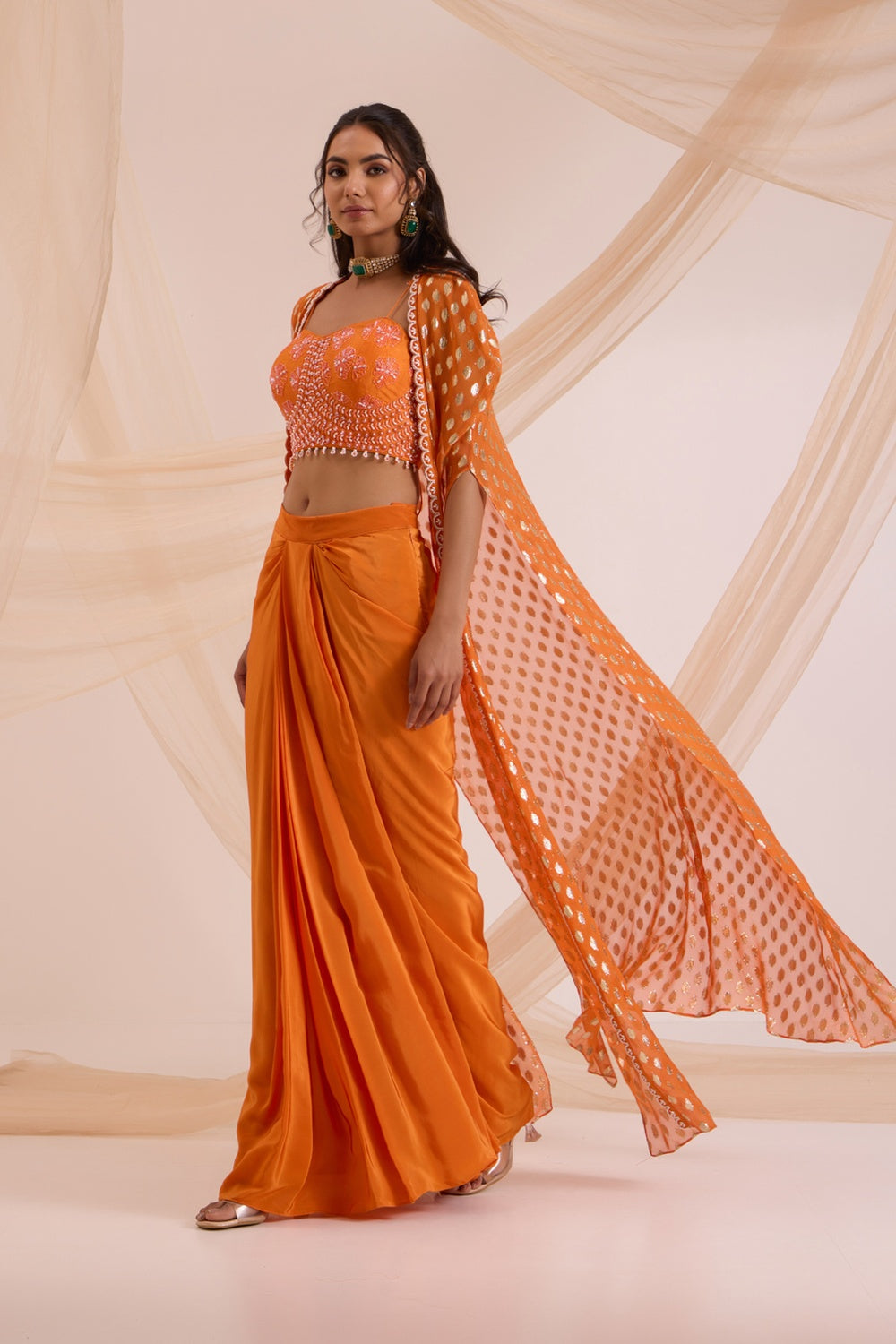 Orange Bustier With Drape Skirt & Cape