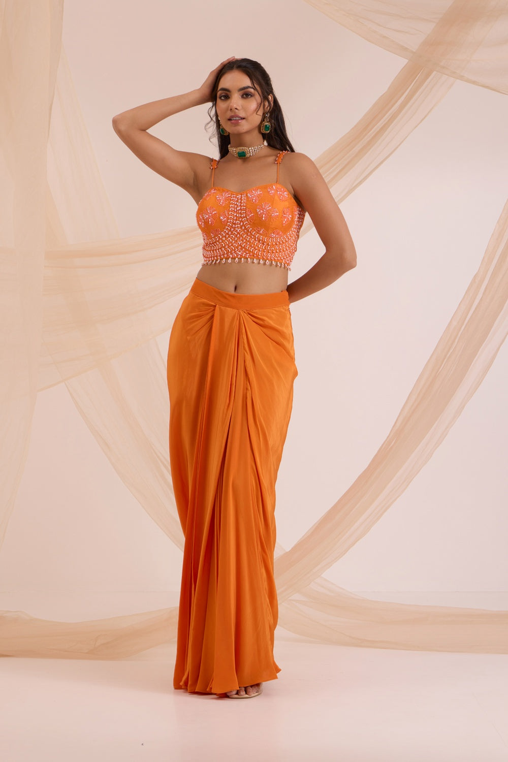Orange Bustier With Drape Skirt & Cape