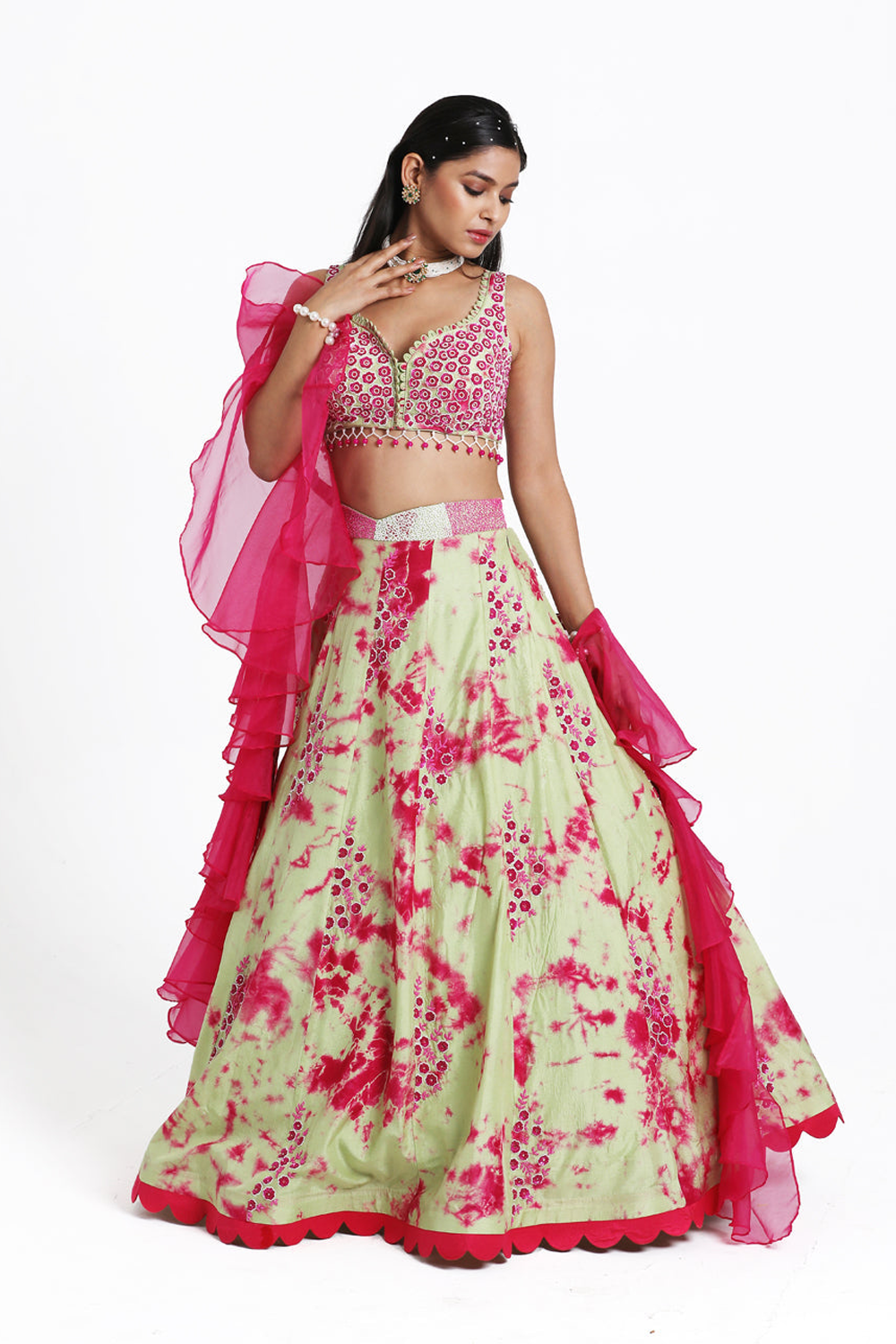 Green & Pink Tie Dye Lehenga With Organza Frill Dupatta