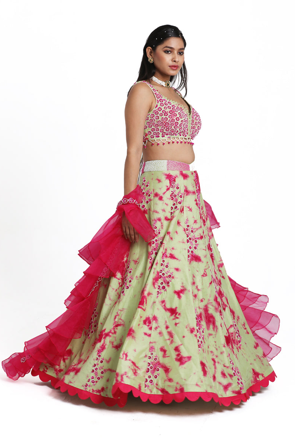 Green & Pink Tie Dye Lehenga With Organza Frill Dupatta