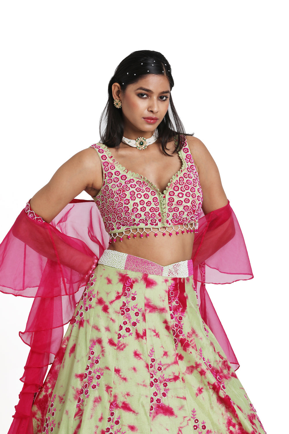 Green & Pink Tie Dye Lehenga With Organza Frill Dupatta