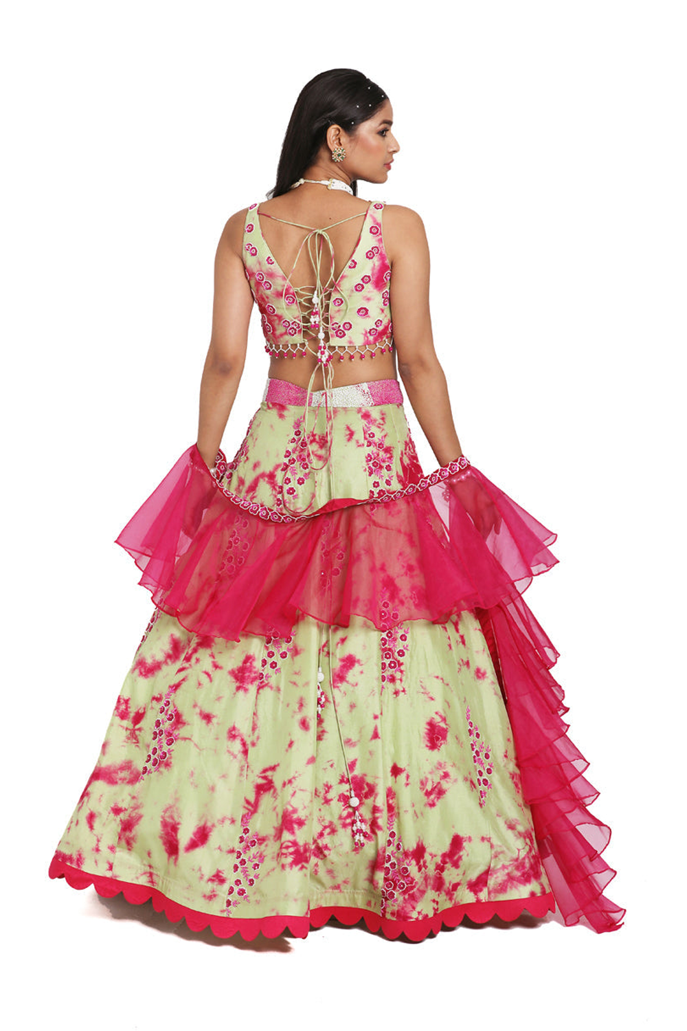 Green & Pink Tie Dye Lehenga With Organza Frill Dupatta