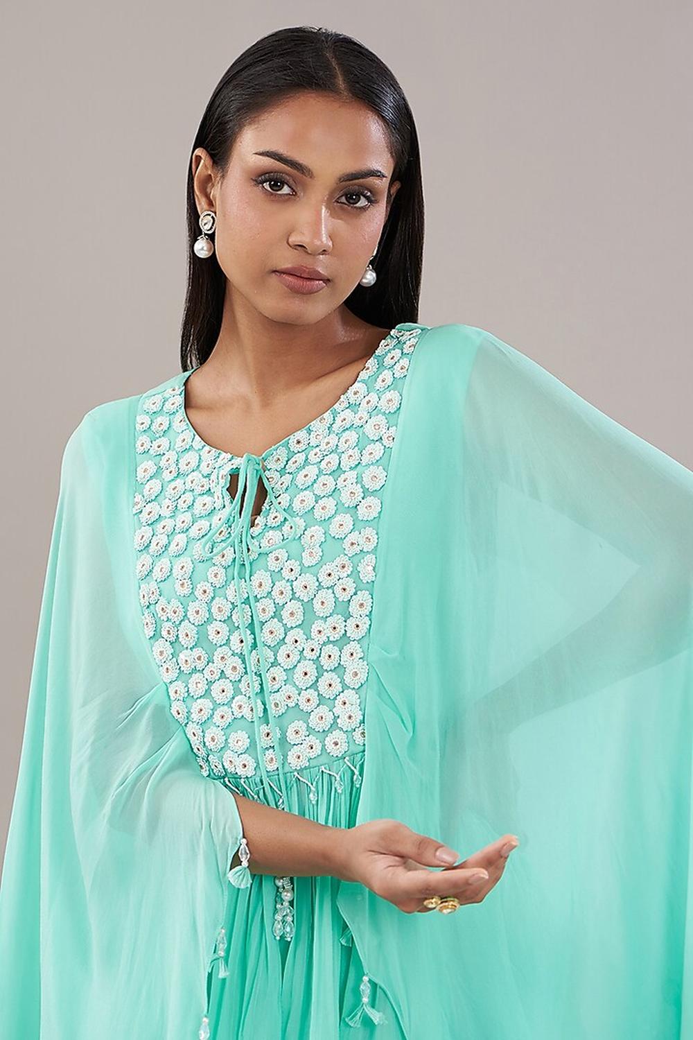 Aqua Blue Georgette Floral Embroidered Kaftan With Garara Set.