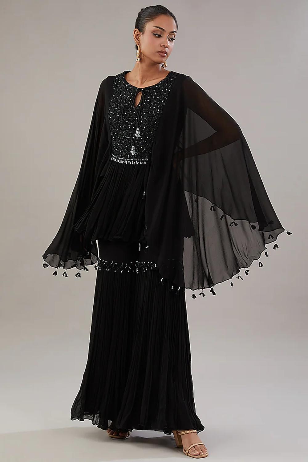 Black Georgette Geometric Embroidered Kaftan With Garara Set.