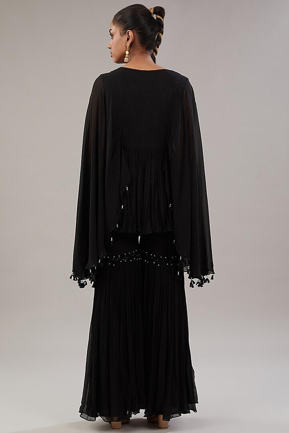 Black Georgette Geometric Embroidered Kaftan With Garara Set.