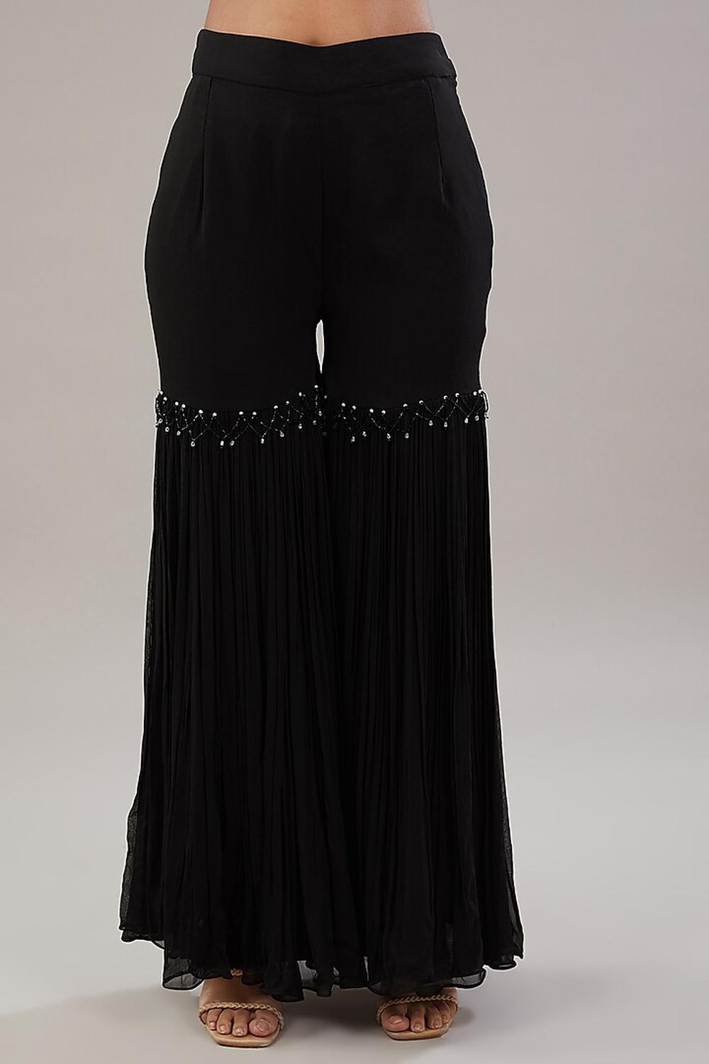 Black Georgette Geometric Embroidered Kaftan With Garara Set.