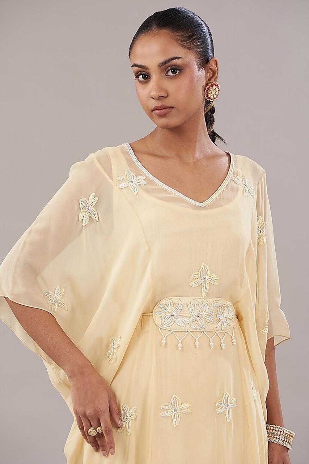 Beige Georgette Floral Embroidered Kaftan With Pant Set.