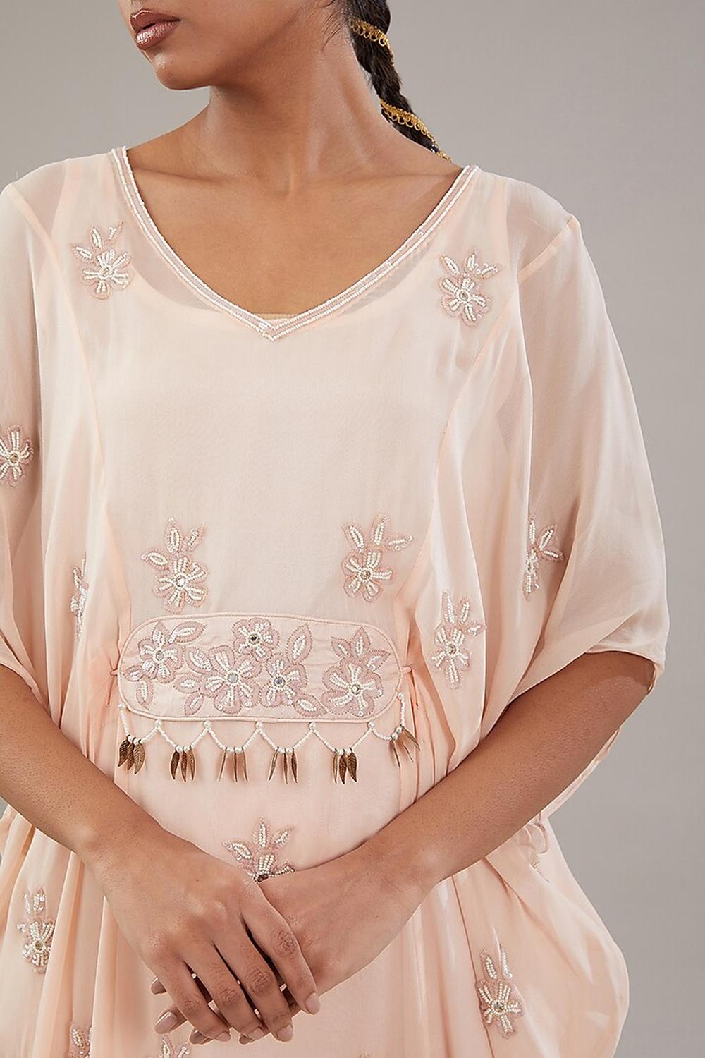 Peach Georgette Floral Embroidered Kaftan With Pant Set.