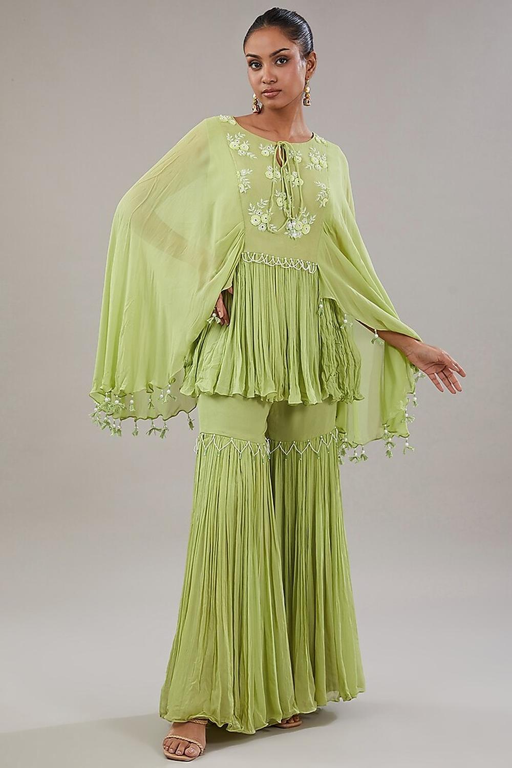 Green Georgette Floral Embroidered Kaftan With Garara Set.