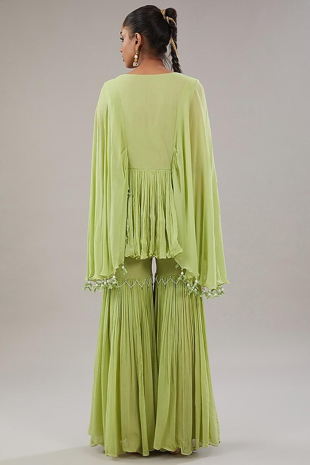 Green Georgette Floral Embroidered Kaftan With Garara Set.