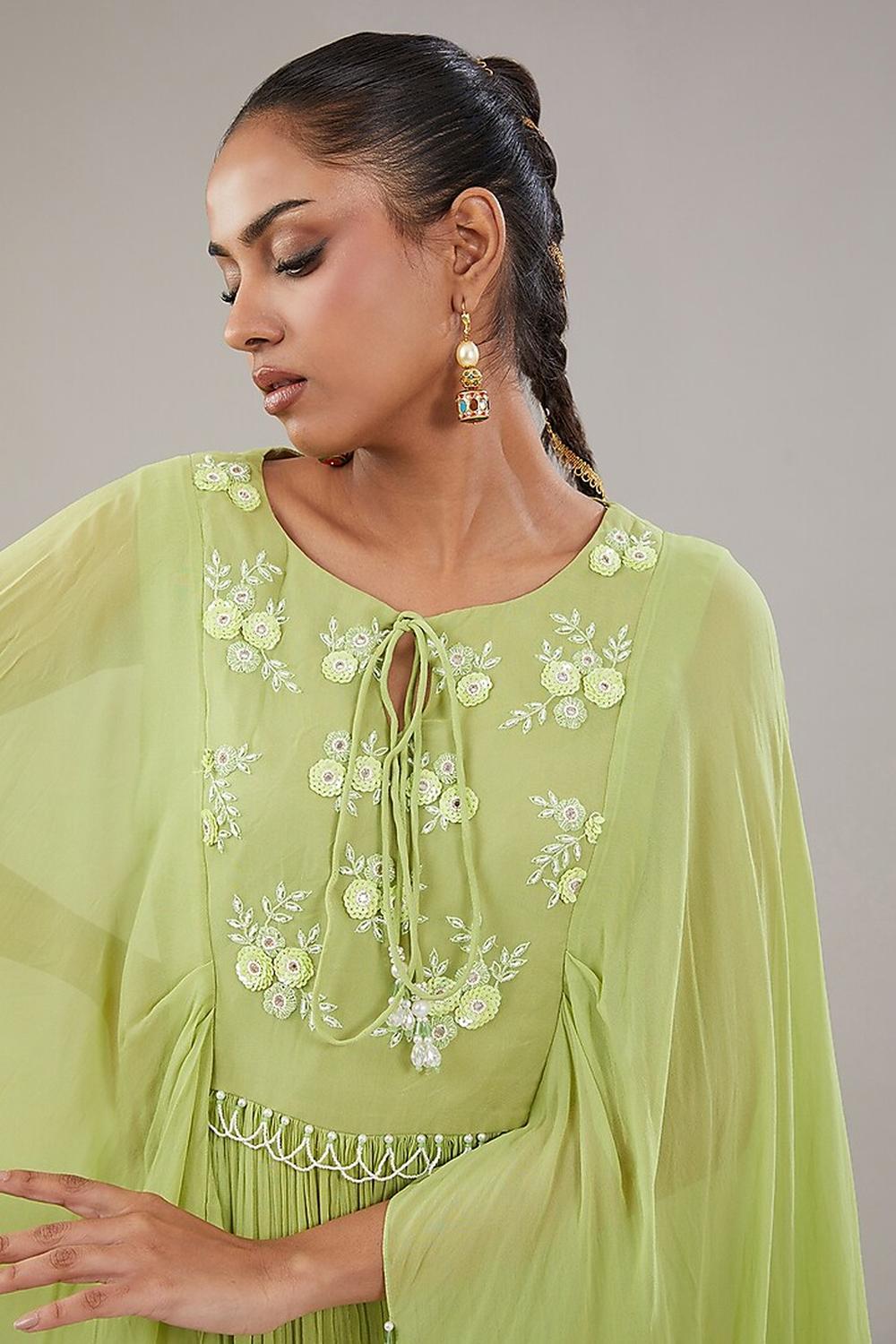 Green Georgette Floral Embroidered Kaftan With Garara Set.
