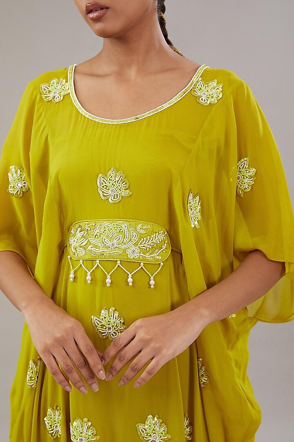 Lime Green Georgette Floral Embroidered Kaftan With Pant Set.