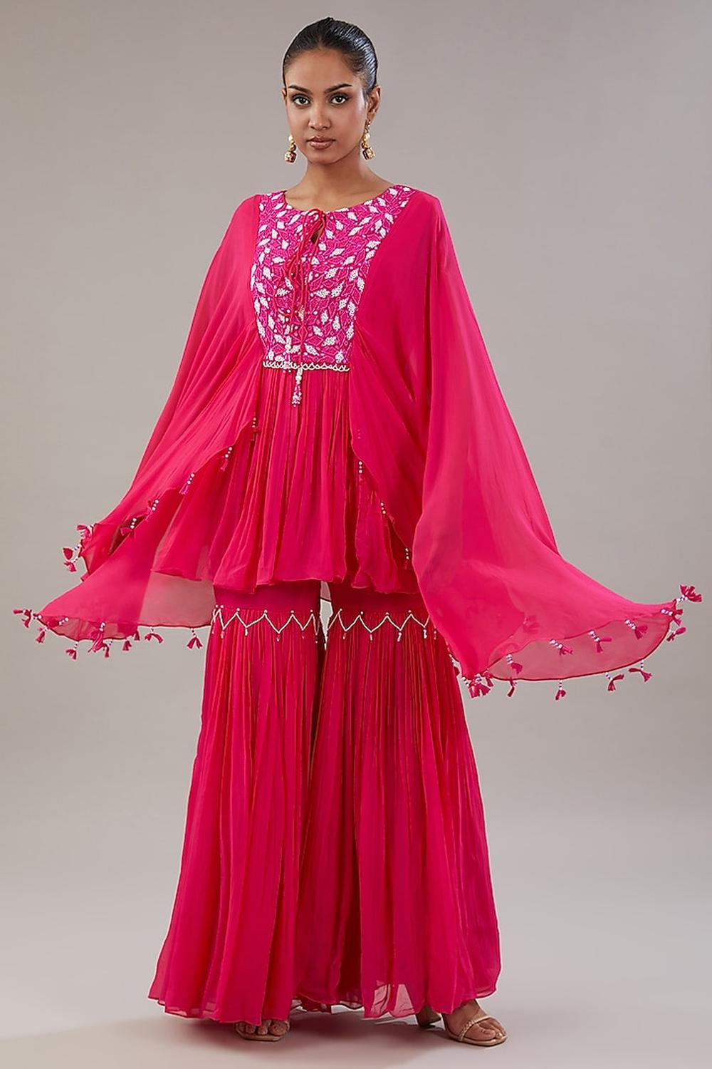 Fuscia Pink Georgette Geometric Embroidered Kaftan With Garara Set.